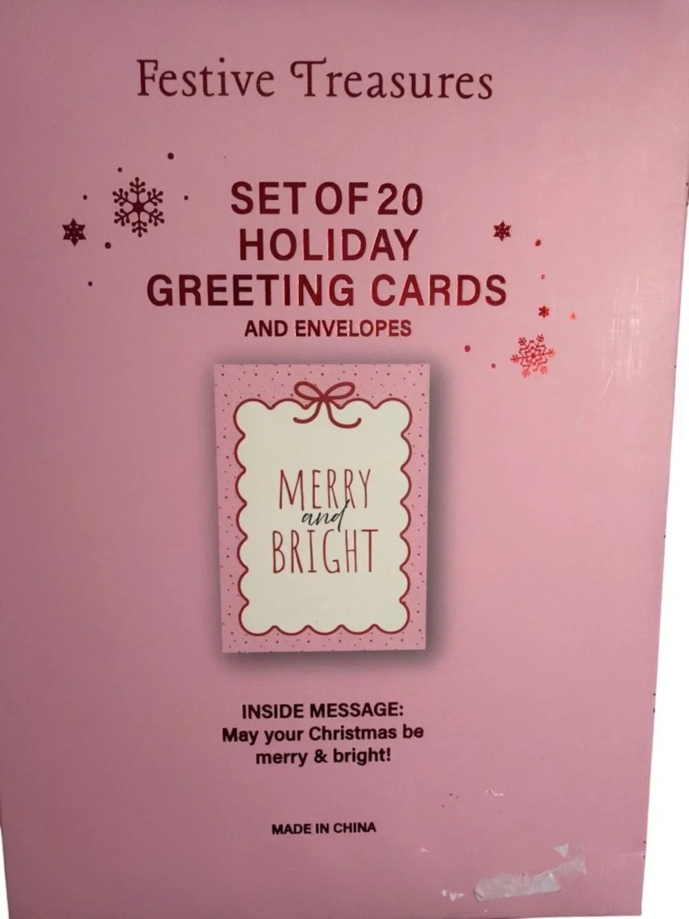Set 20 Merry Bright Holiday Greeting Cards Envelopes Pink Red Bows Polka Dot NEW